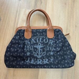 Sailor Jerry Artisan Crafted Blue Brown Leather Handle Tooled Shoulder Bag Purse